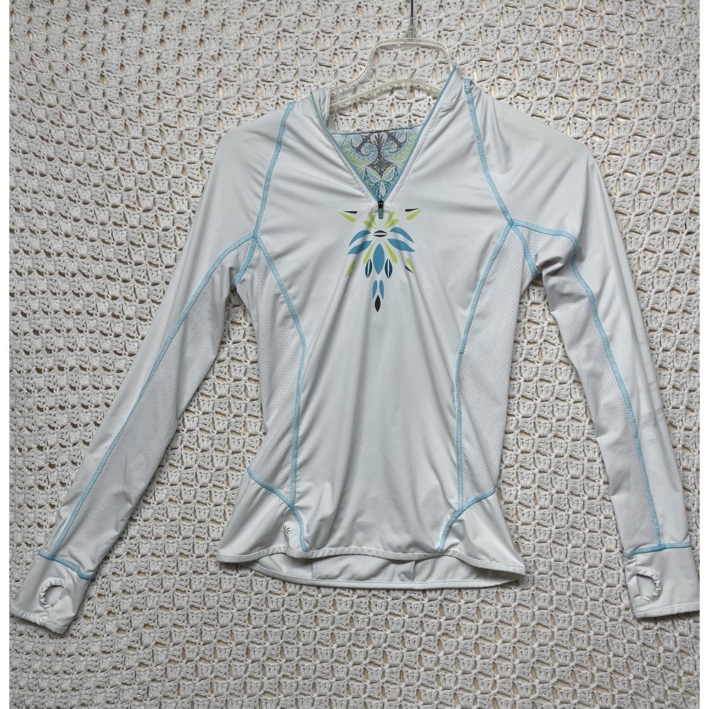 Athleta 1/4 Zip Hoodie Women's Small Thumbholes White Turquoise. (stain)